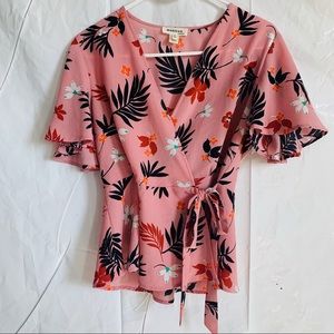 Monteau Wrap Tie Top Flutter Sleeves Peplum Hem